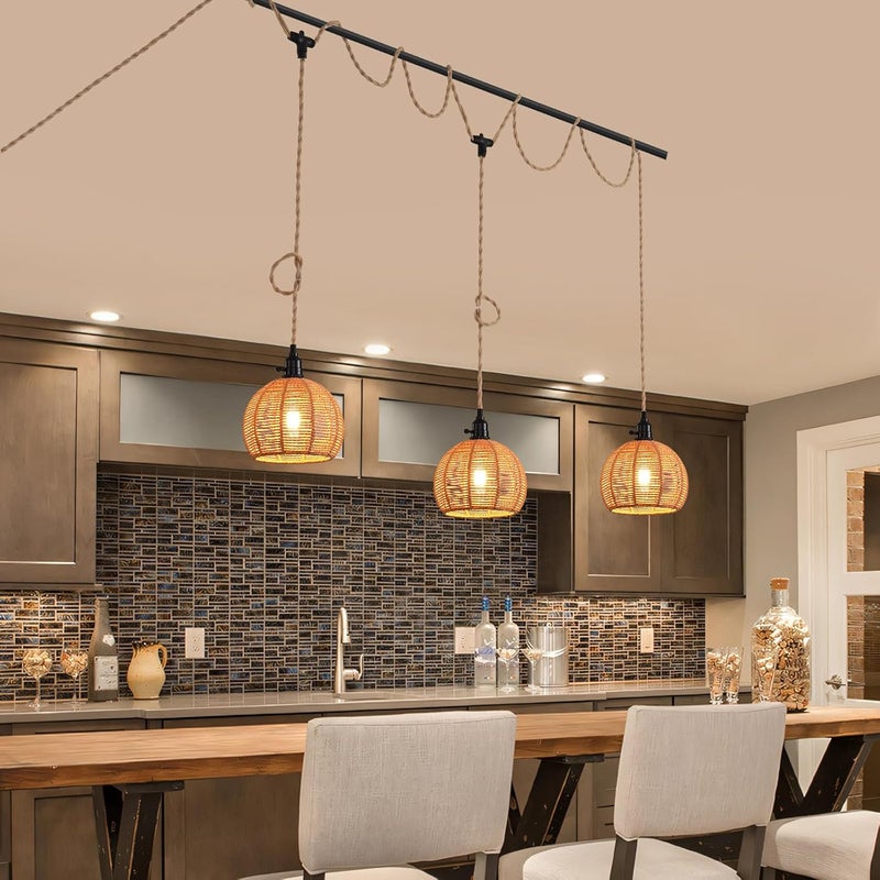 KENMI 3-Light Hanging Light with Plug in Cord,Plug in Pendant Light 22ft Hemp Rope Pendant Lighting Vintage 3-Light Hanging Lamp Fixtures for Kitchen Island Living Room Bedroom - Image 3